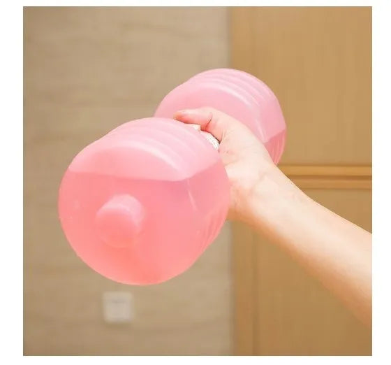 Pair of water-filled fitness dumbbells in pink and green, polypropylene, approximately 1kg each when filled