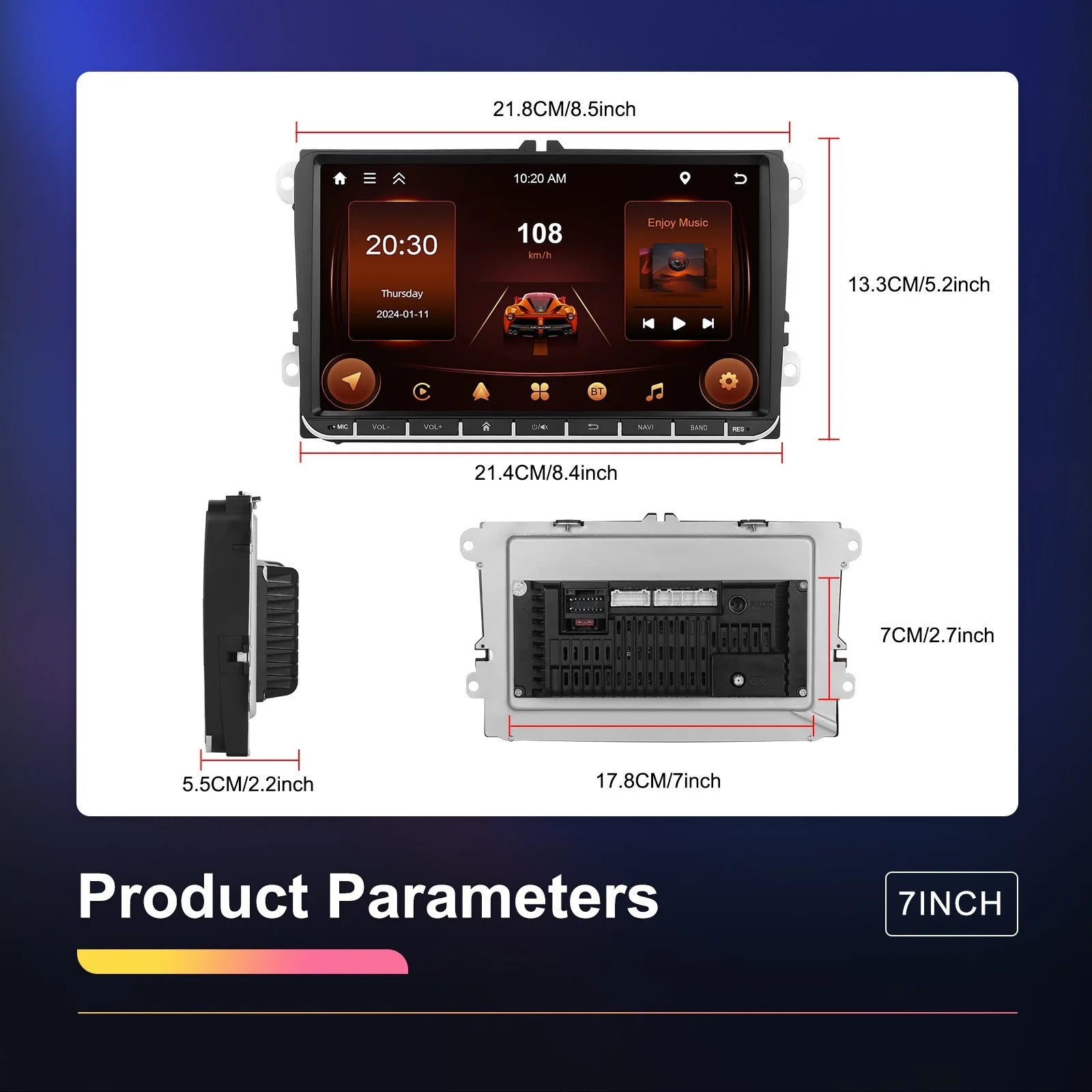Android 13 7-inch car central control touchscreen for Volkswagen with wireless CarPlay