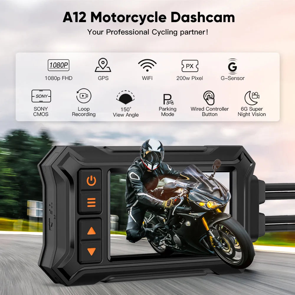 Motorcycle dual lens tachograph DVR with GPS module, ACC power cable, and handlebar controller.