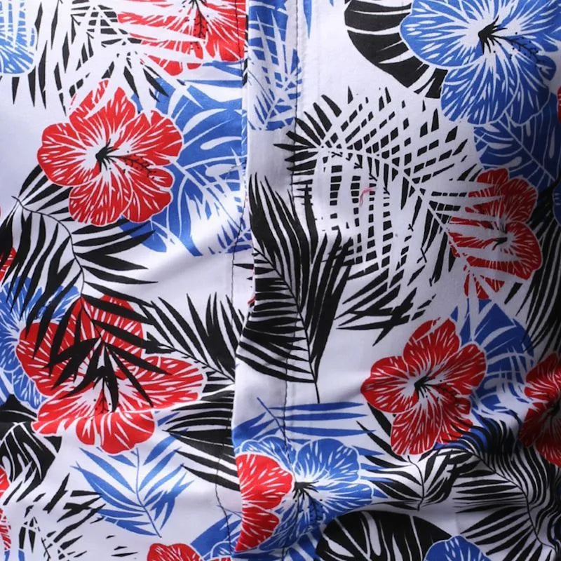 Men's white polyester square collar floral short-sleeved beach shirt