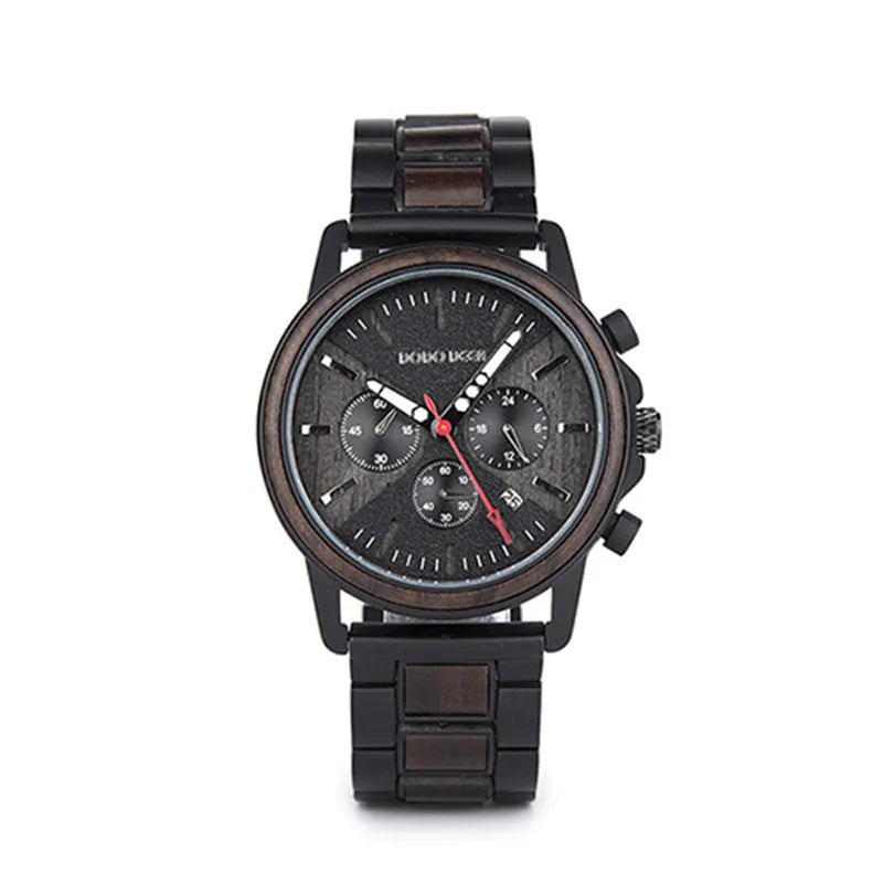 Wooden wrist watch with 44mm metal case, metal band, mineral glass mirror, black colour