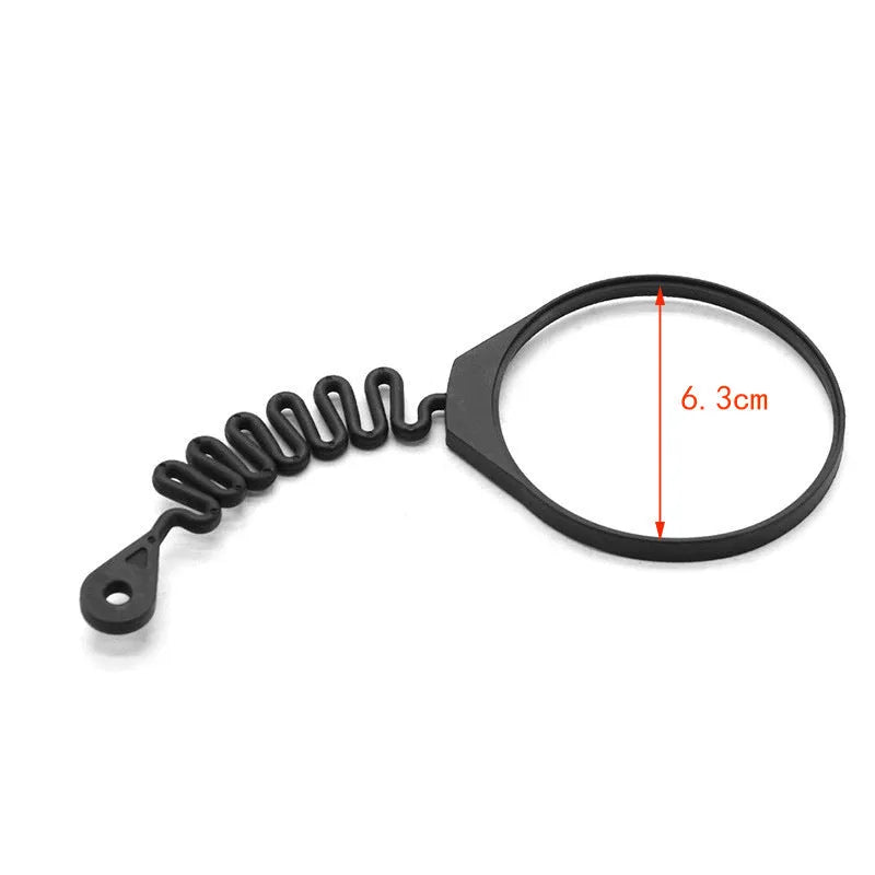 Black rubber Volvo fuel cap anti-lost tether strap, showing circle band and separate rope design options.