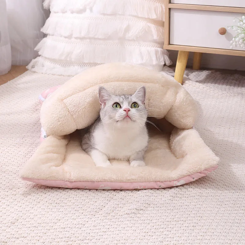 Cat sleeping bag with detachable mat and foldable design in pink colour
