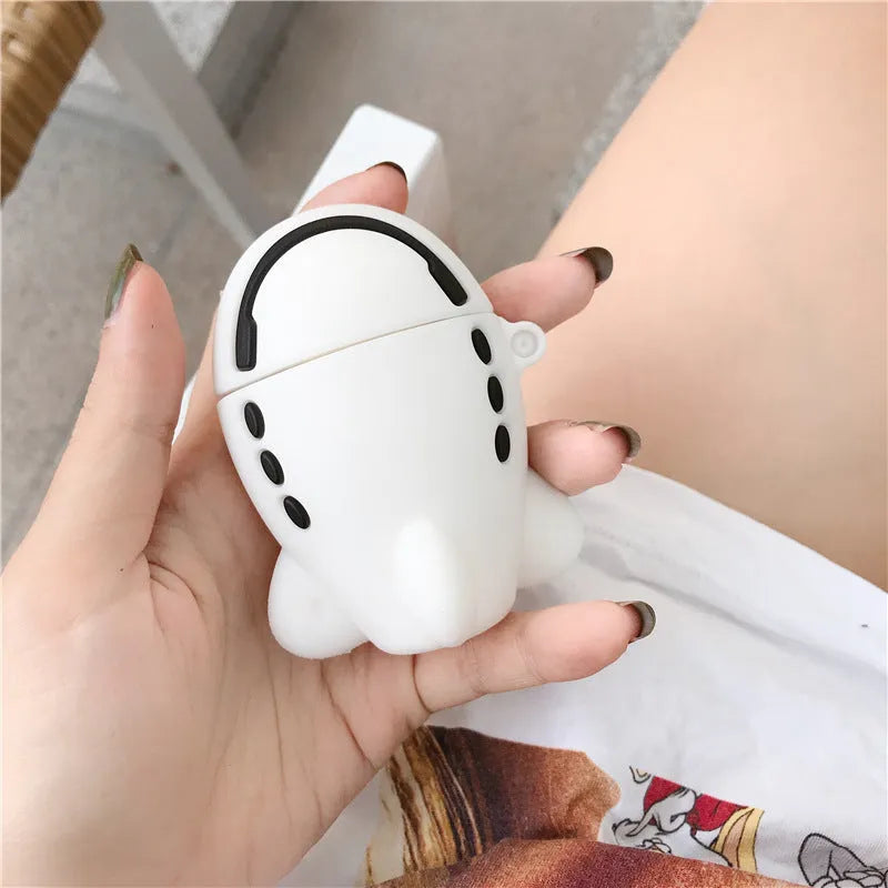 Silicone AirPods protective case with cartoon aeroplane headset design and metal hook