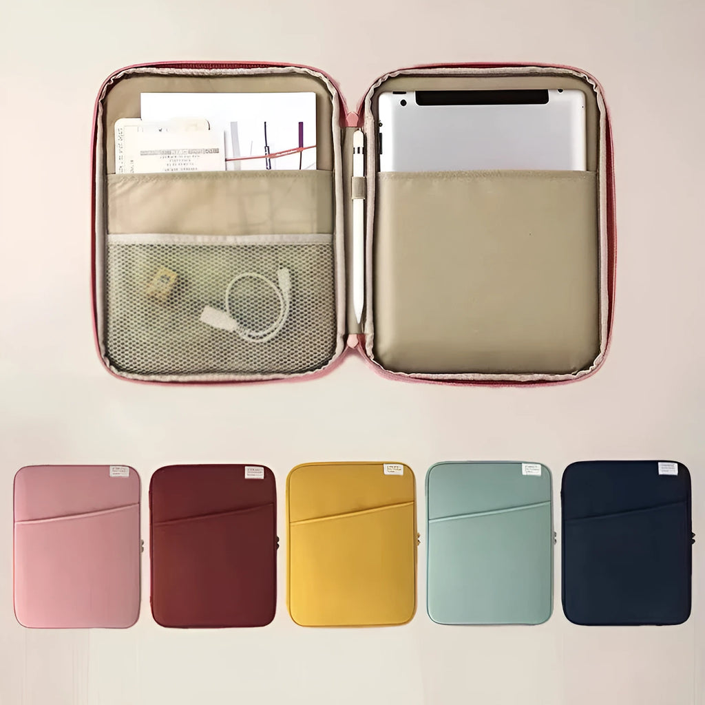Brick red nylon shockproof tablet PC bag liner with zip closure and card slot on table