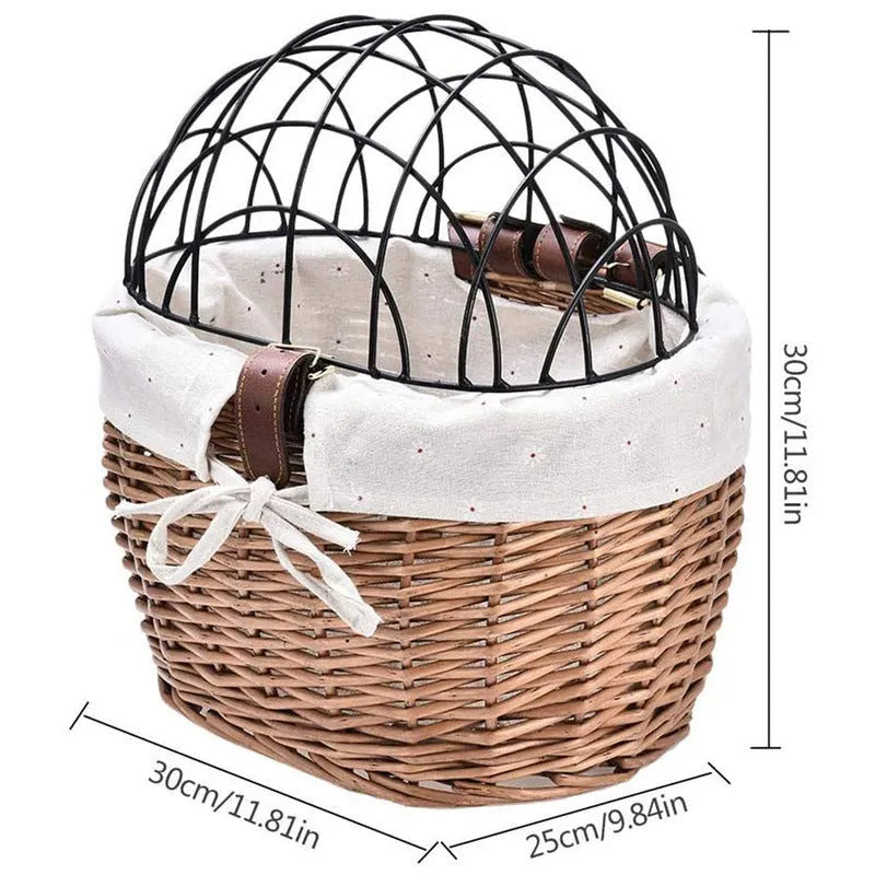 Medium honey wicker bicycle front basket for cat and dog on road bike handlebar