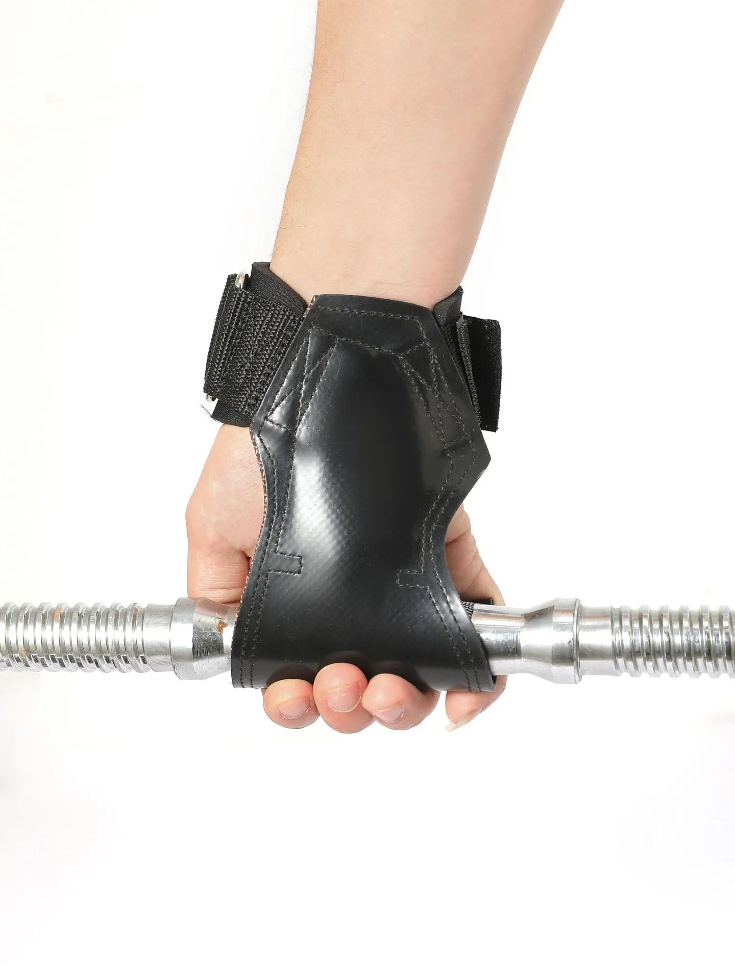Black rubber non-slip palm protection grip belt for weightlifting and rock climbing.