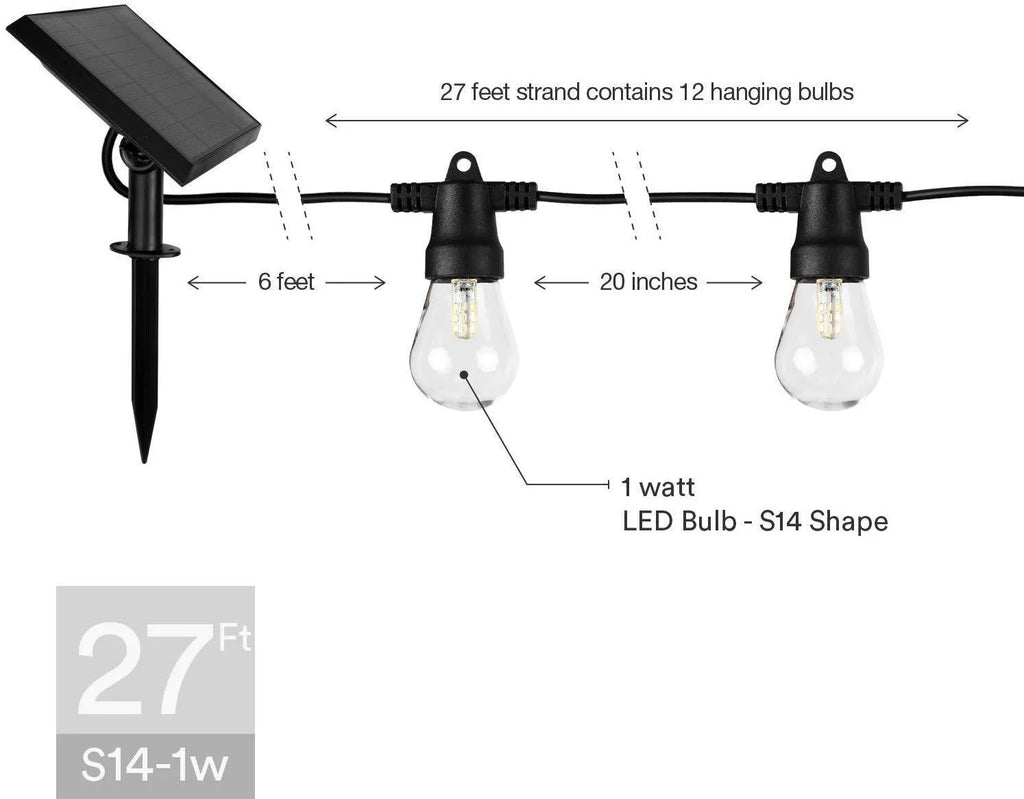 Waterproof solar-powered LED string lights with PVC bulbs in an outdoor garden setting.