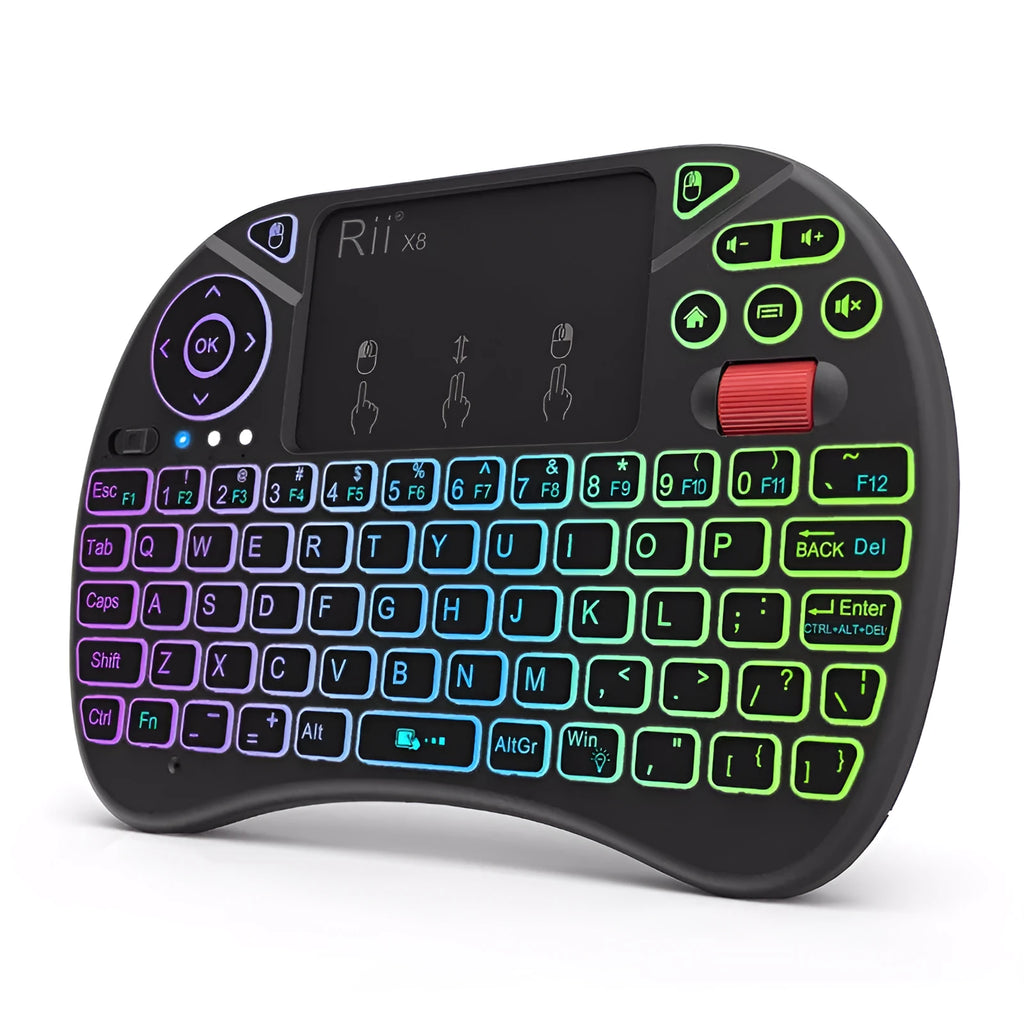 Black i8X wireless keypad with 71-key QWERTY layout, larger touchpad and dual mouse buttons