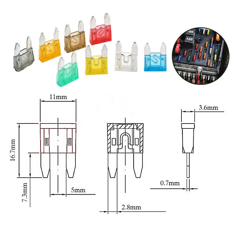 120 small car fuses in assorted colours, blade-style insert type for 24V automotive use