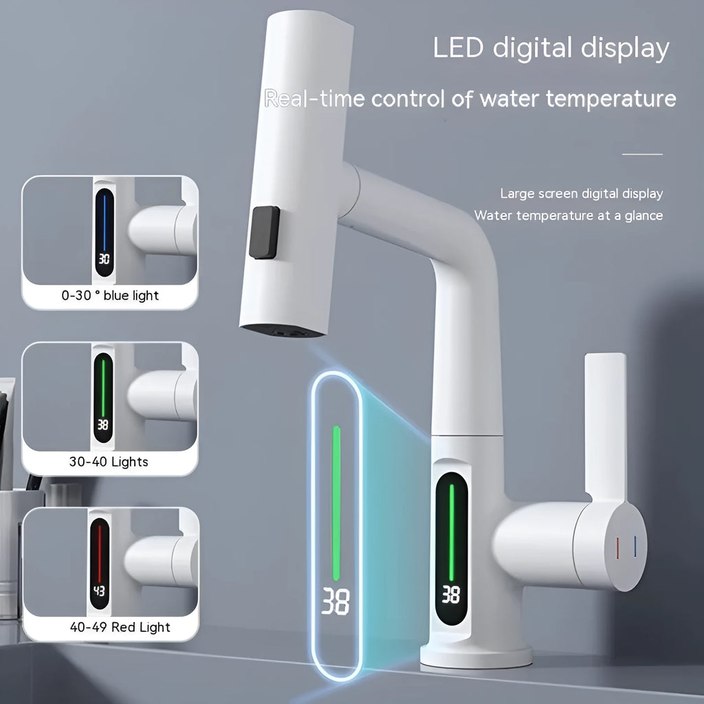 Digital display kitchen tap with pull-out spray hose showing temperature readout
