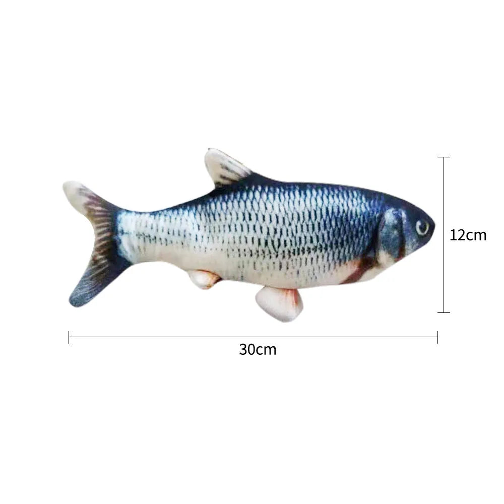 Multicolour electronic jumping fish cat toy with USB cable, measuring 30cm.