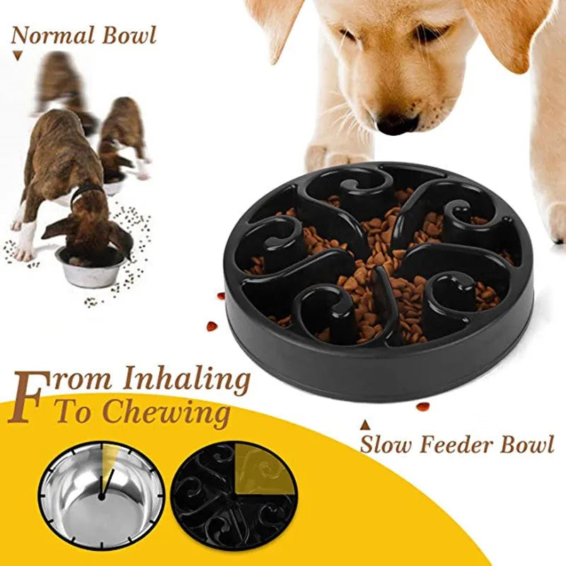Slow feeder dog bowl with maze pattern ridges and non-slip silicone base in multiple colour options