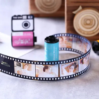 Memory film album with wooden boxes in yellow, pink and blue colours including tote bag