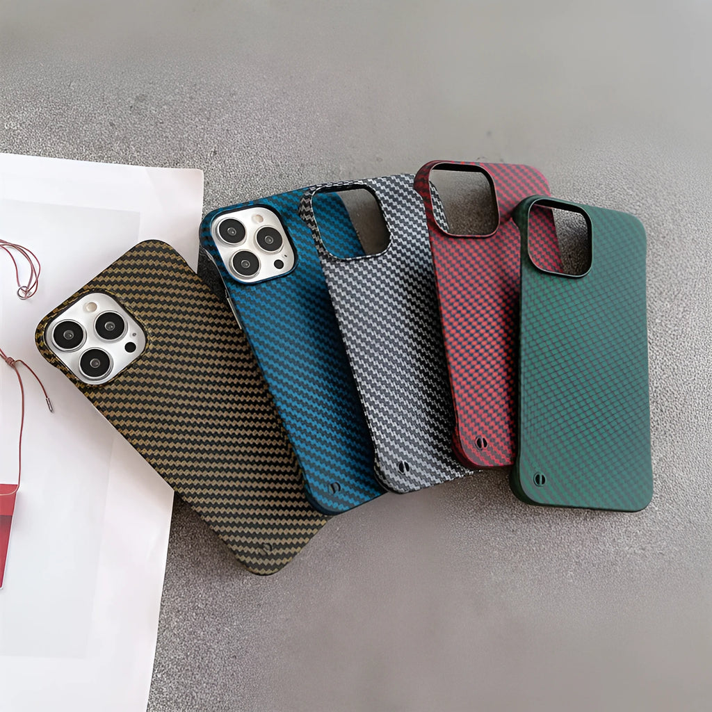 Frameless carbon fibre pattern hard shell phone case with bracket in silver, gold, green, blue, and red for iPhone 12 to 16 Pro Max.