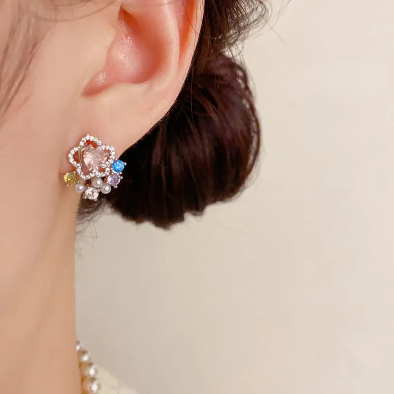 Full diamond silver petal stud earrings for women with real gold plating over copper in a flower shape