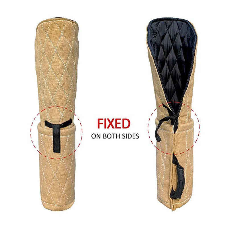 Jute dog bite training sleeve 65 x 28 cm with internal plastic handle, external foam handle, and black side hanging handle.