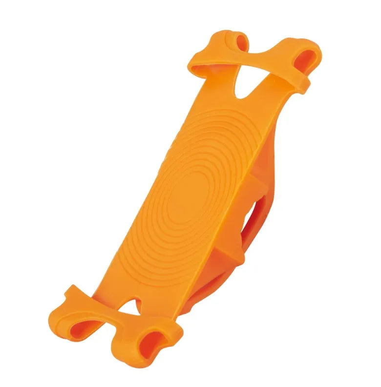 Silicone bicycle phone holder mounted on handlebars showing 3 adjustment holes and secure locking mechanism