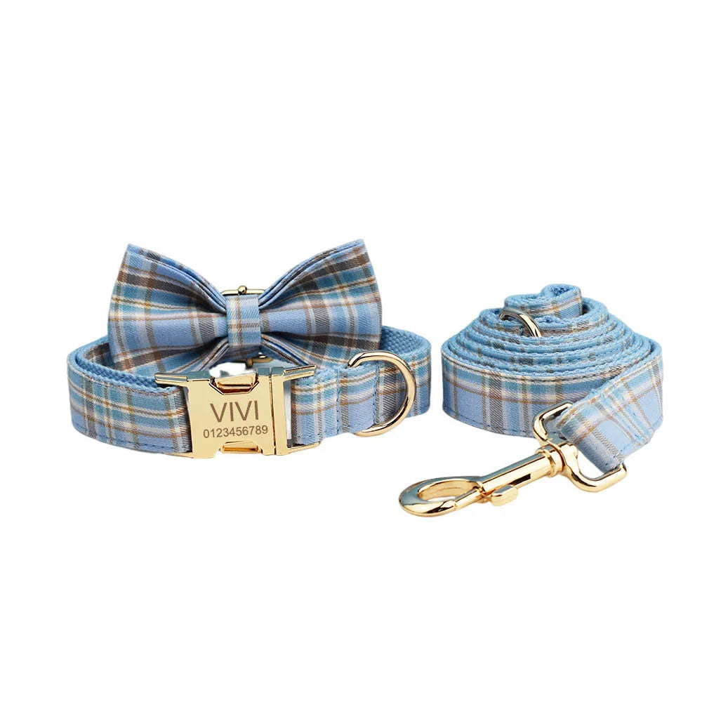 Sky blue grid forest pattern dog collar set with leash, bow, and vest for special occasions