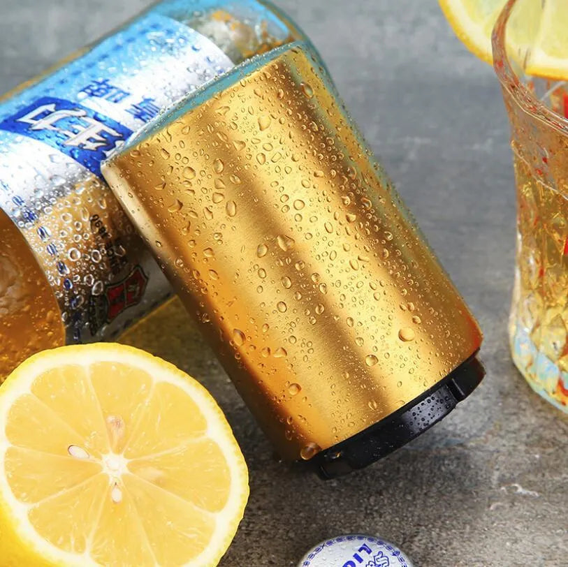 Portable magnetic stainless steel bottle opener with brushed metal finish on countertop