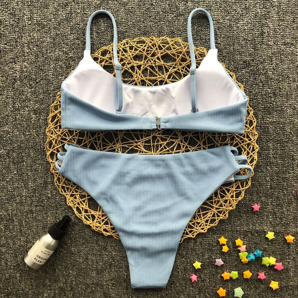 Blue solid colour striped bikini with nylon and polyester fabric