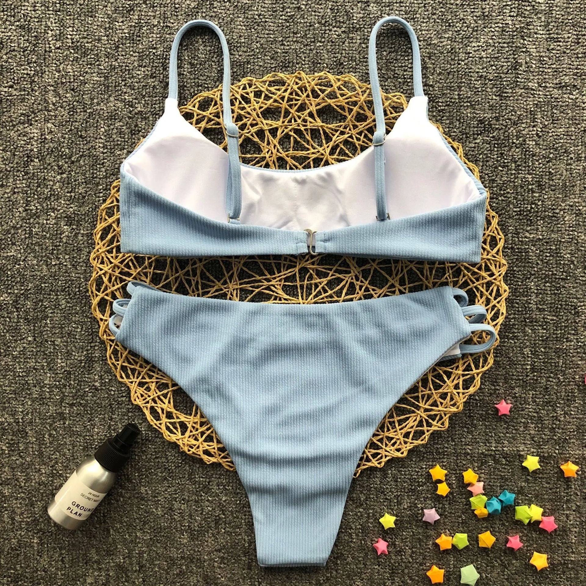 Blue solid colour striped bikini with nylon and polyester fabric