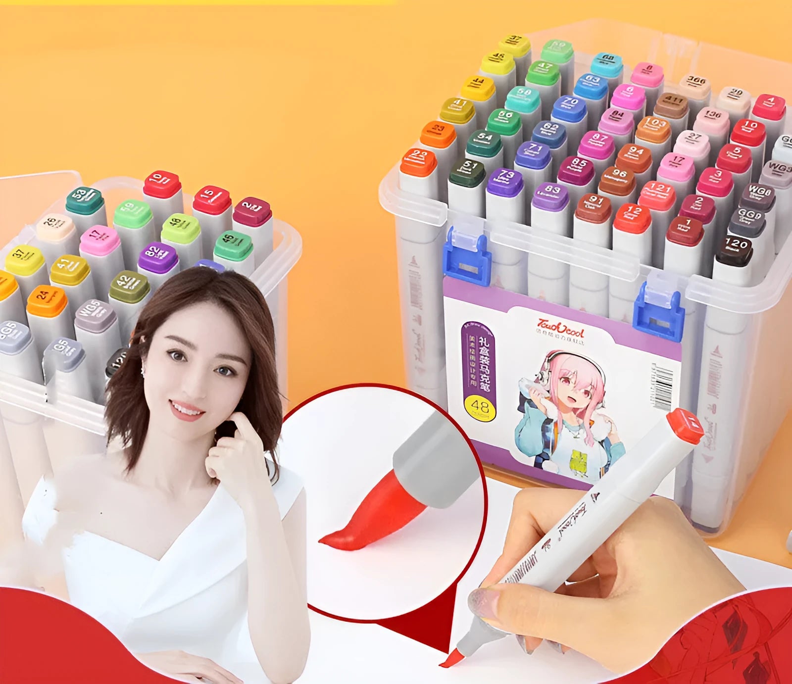 48-colour oily soft-tip marker set with square rods, round and oblique head tips for hand-painted design