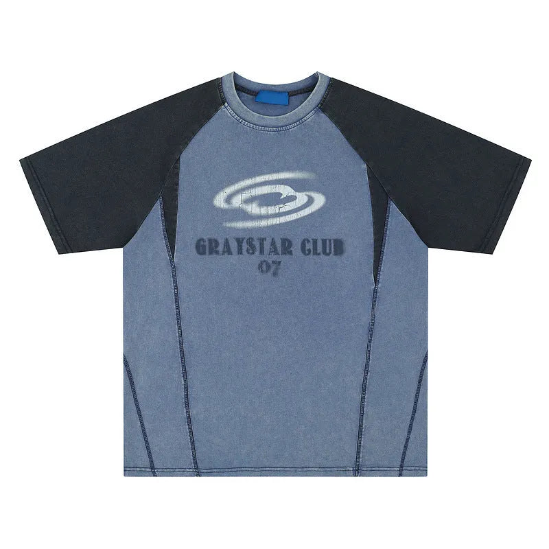 Blue hip hop letter print men's cotton t-shirt with raglan sleeves on hanger