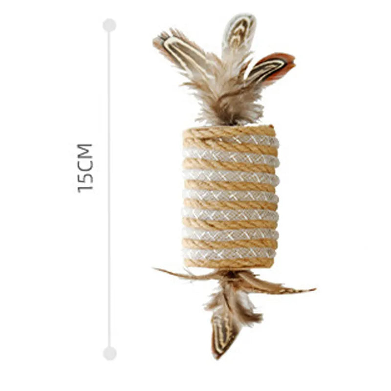 Beige cat toy with hemp rope scratching post, feathers, and a built-in sound roller on a neutral background.