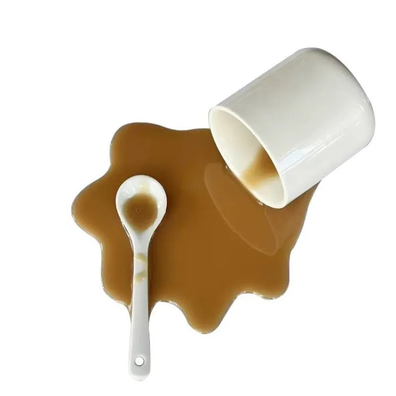 Overturned coffee decoration toy phone holder in macchiato colour on desk with plastic stent