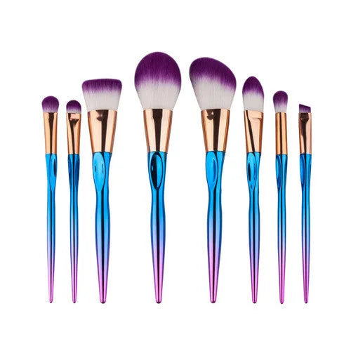 Foundation brush set with 8 artificial fibre bristle brushes and plastic long handle rods in multiple colours