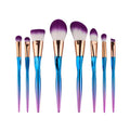 Foundation brush set with 8 artificial fibre bristle brushes and plastic long handle rods in multiple colours