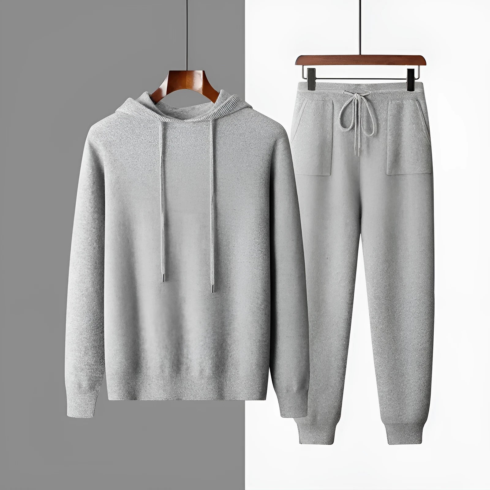Men's light grey cashmere knitted hoodie and trousers casual winter set.
