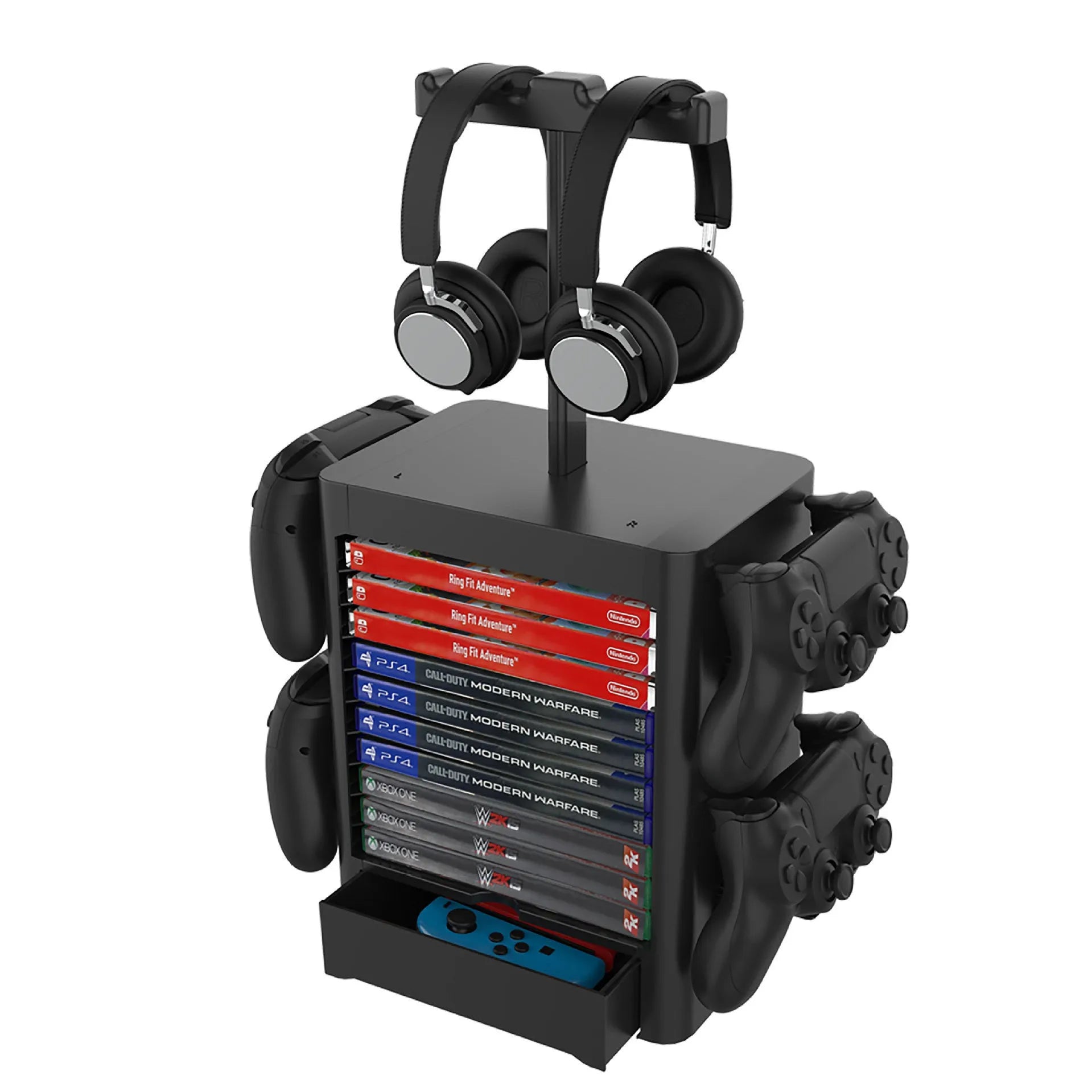 Black ABS gaming console storage rack with controller hooks, headphone top, and drawer for PS5 Xbox Switch accessories