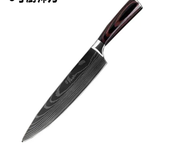 7Cr17 stainless steel kitchen knife with Damascus patterned 18 cm blade and coloured wood handle