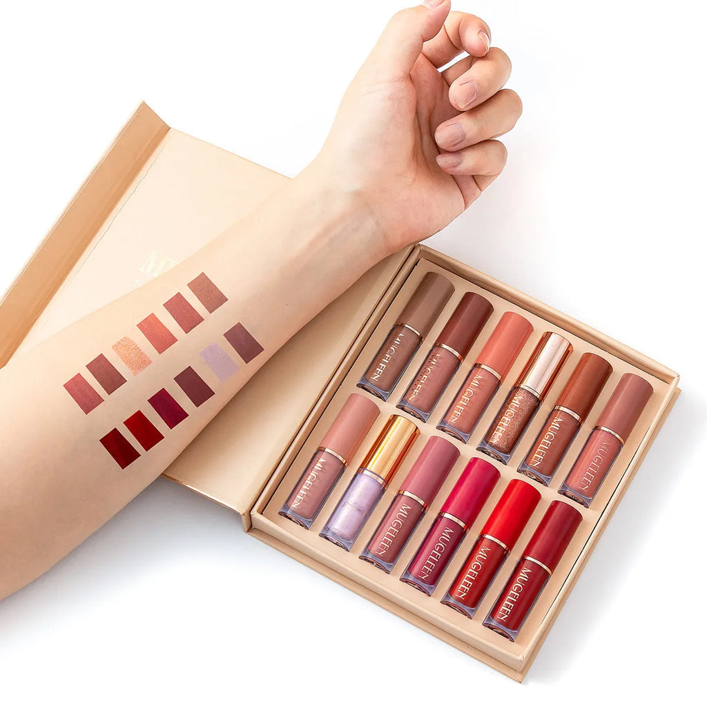 12-piece matte shimmer lip glaze set in nonstick cup colours with durable anti-fade formula