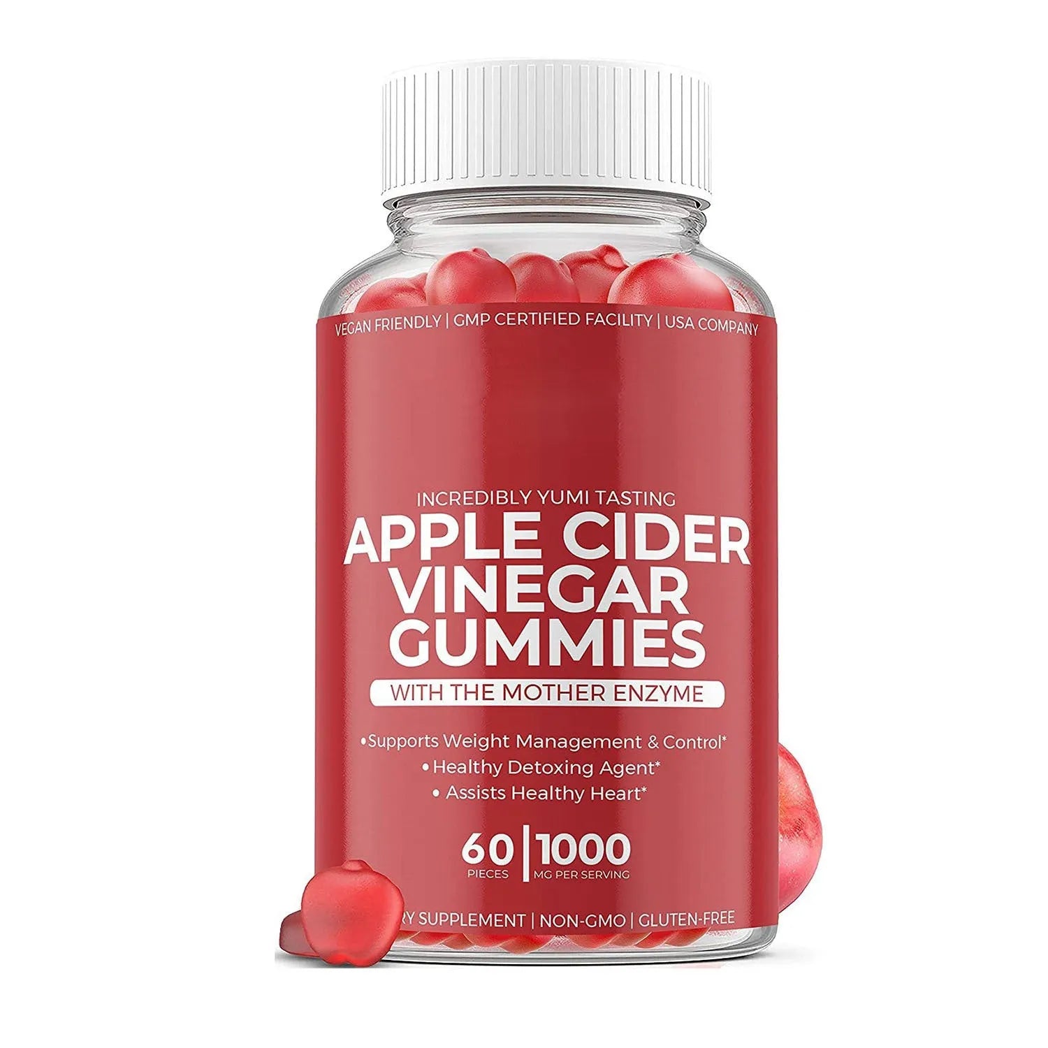 Apple cider vinegar gummies bottle containing 60 soft candy tablets for adult nutritional supplementation