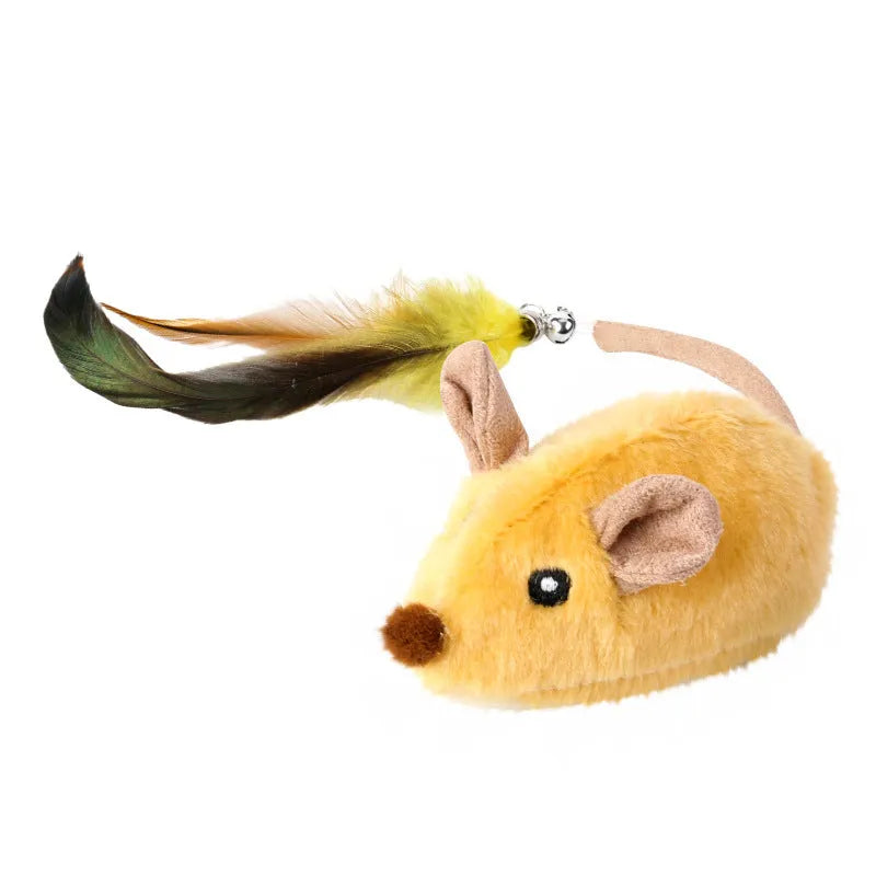 Grey charging simulation electric mouse cat toy with double tail decoration and feather attachment