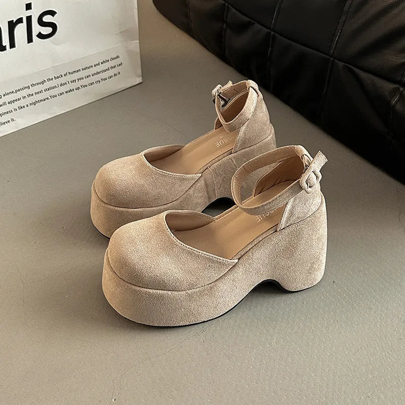Women's closed toe court shoes with suede upper, thick short stout heel over 8cm, round toe, black or khaki