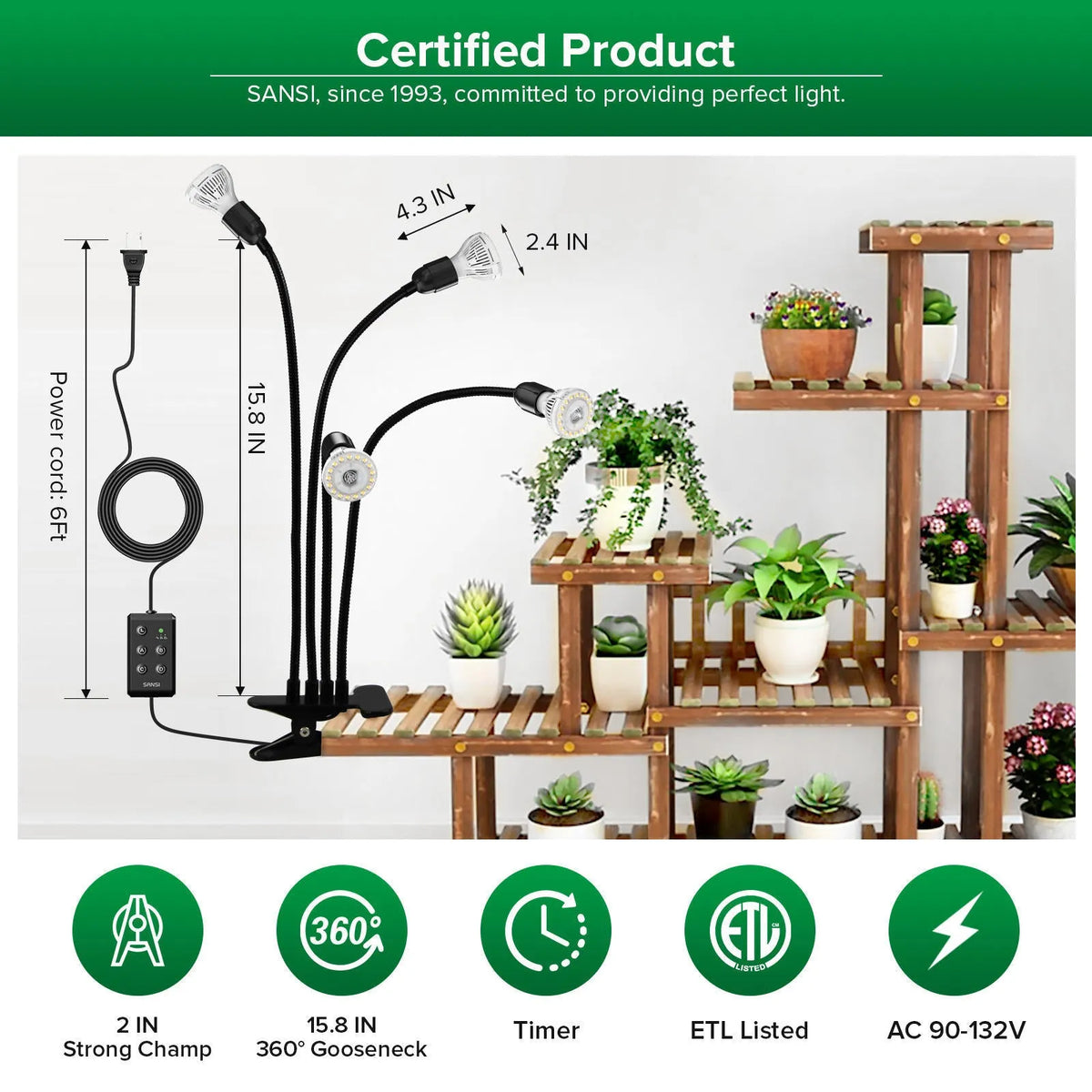 600W full spectrum LED grow light with gooseneck clip and timer for indoor plants