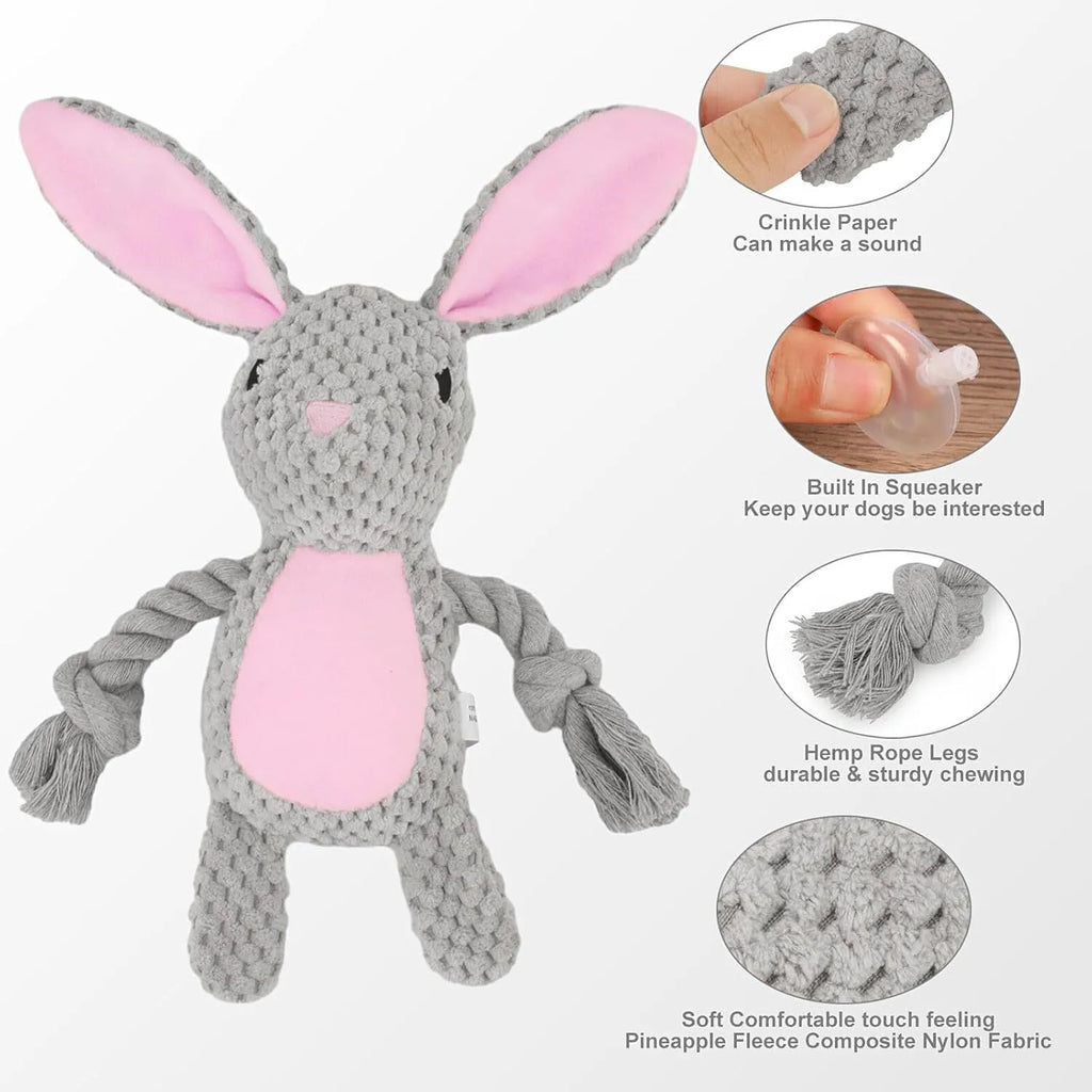 Plush animal dog toy with crinkle paper, squeaker, and cotton rope handles for small dogs.