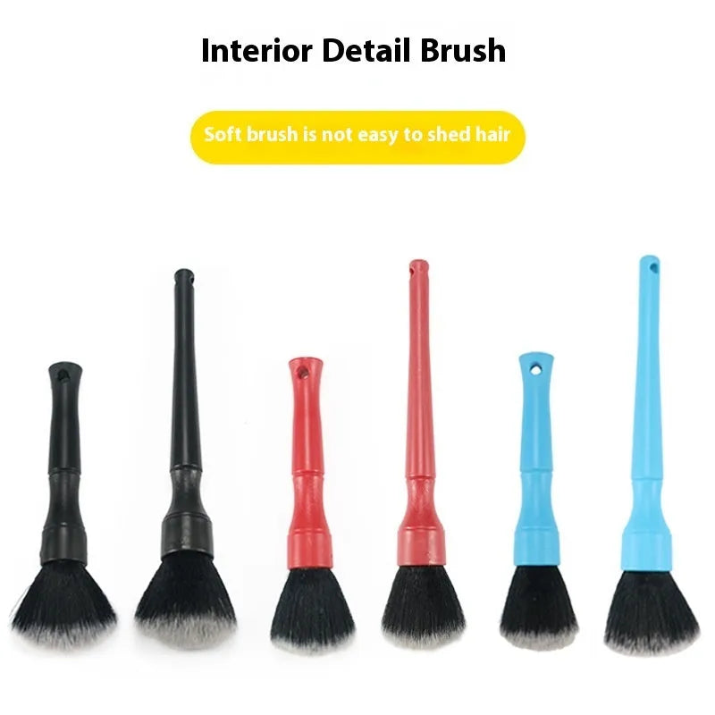 Soft nylon car detail brush for interior cleaning, available in black, blue, or red with short or long handle