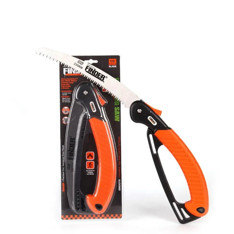 A folded garden hand saw with a TPR handle and a 230mm long metal saw blade extended.