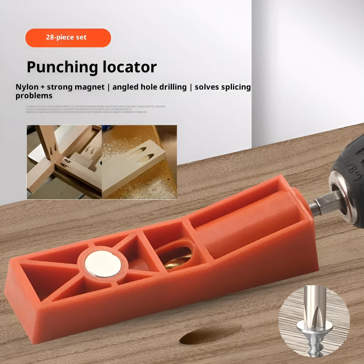 Orange plastic 28-piece oblique hole punching locator set with double-hole drilling positioning guide for woodworking