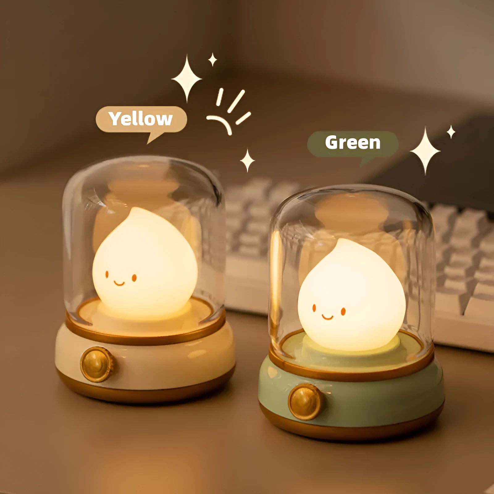 Retro oil lamp design LED night light in green or yellow colour with USB charging port