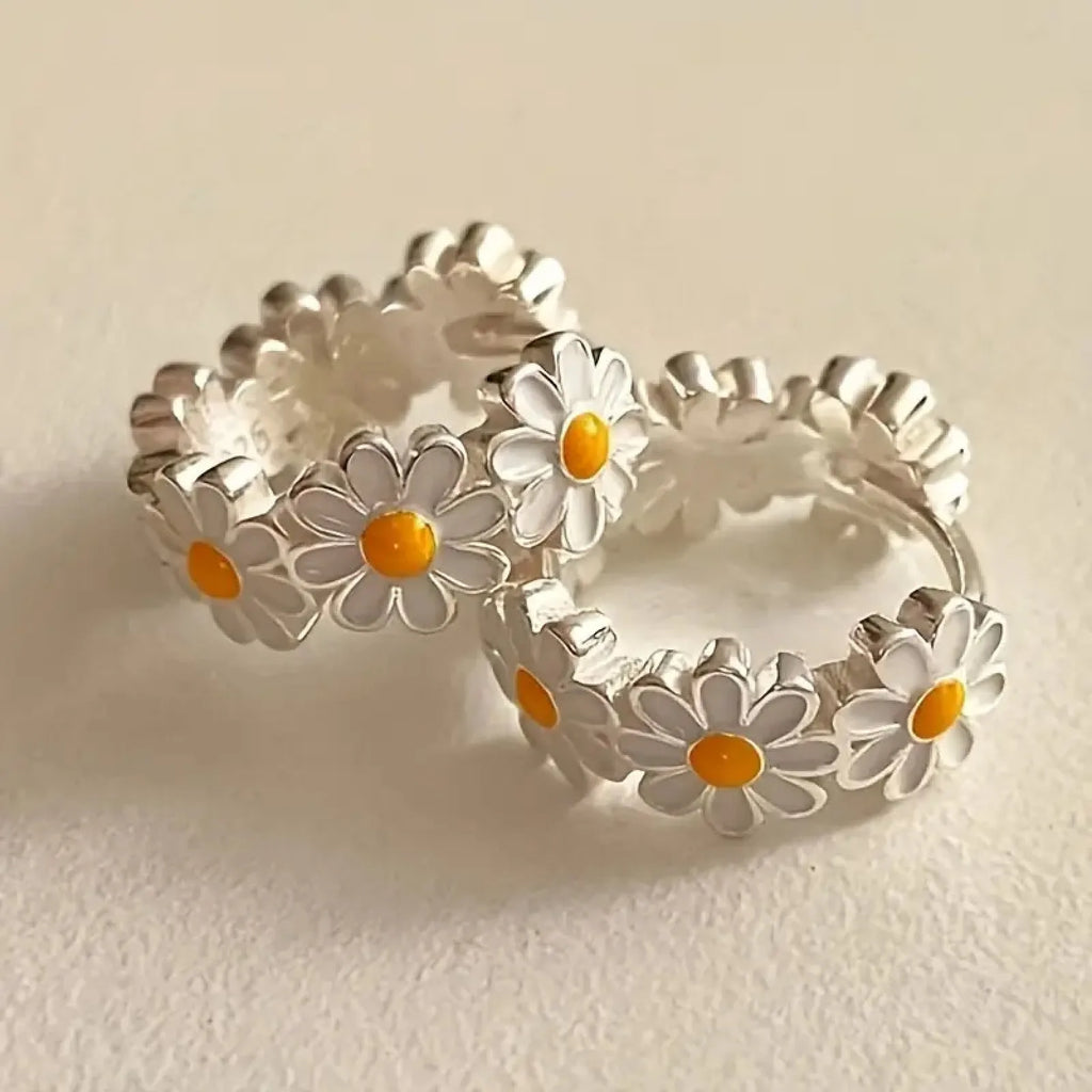White daisy flower ring earrings with platinum gem inlay on copper electroplated construction