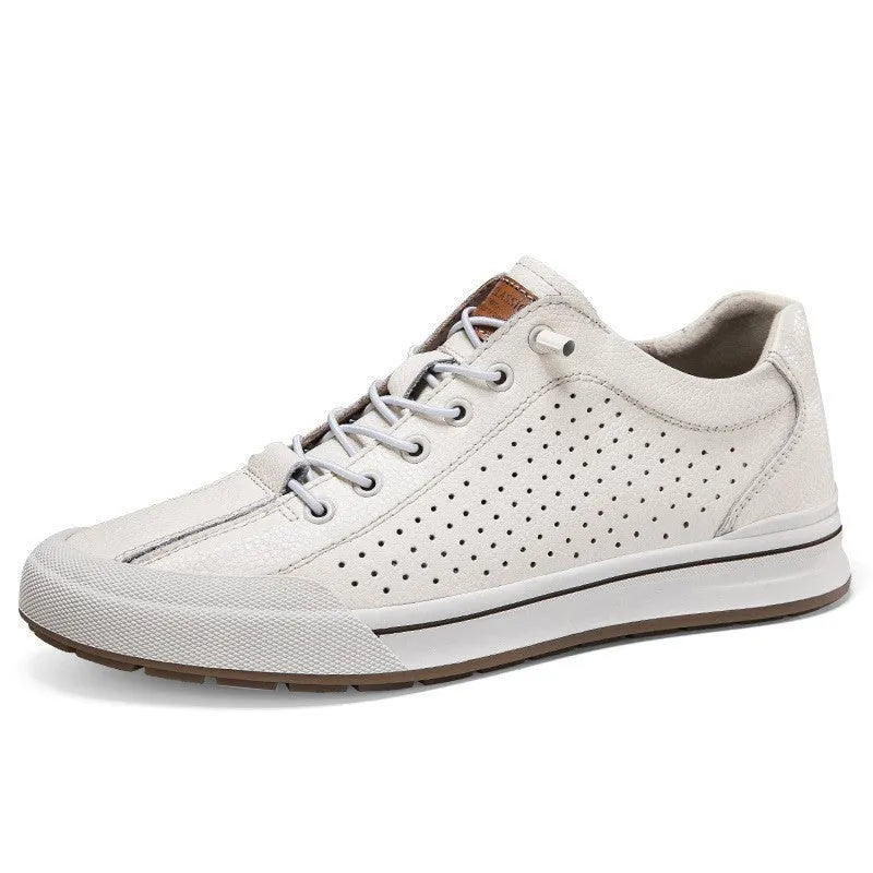 Men's white matte leather casual shoes with flat heel and round toe design