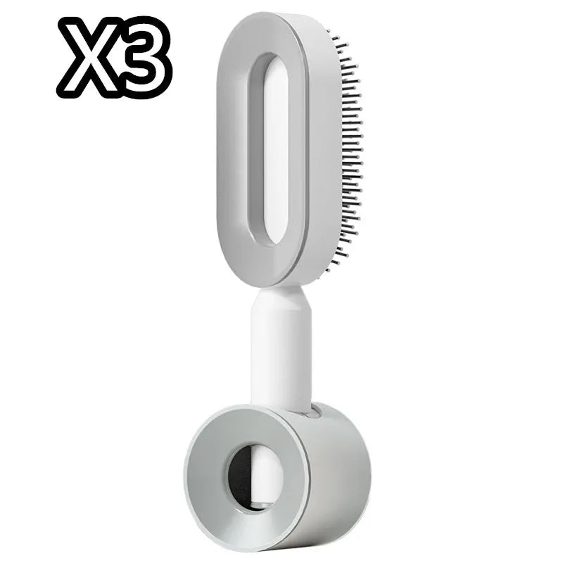 Self-cleaning hair brush with air cushion bristles in black gold, white, or purple colours