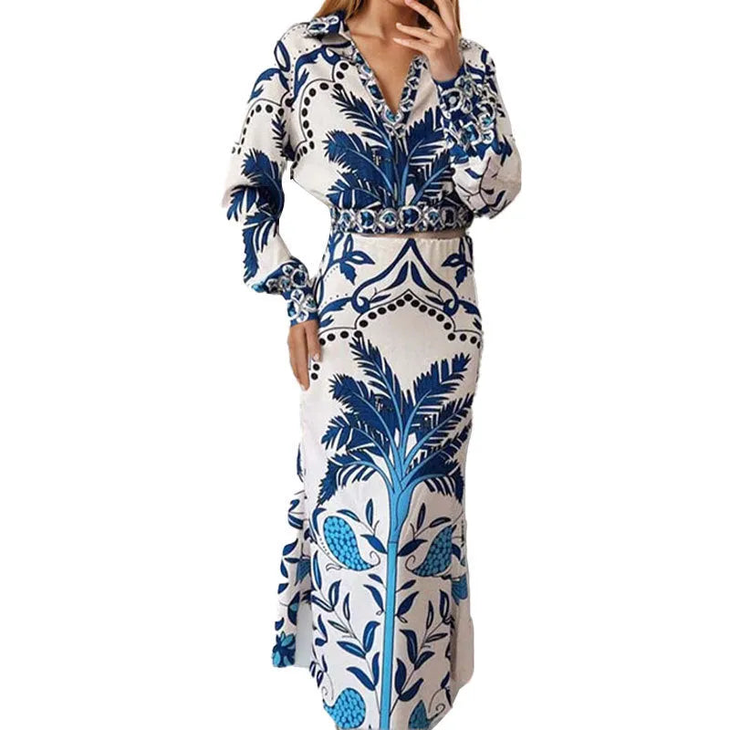 Women's long sleeve polyester top and long skirt co-ord set in picture colour.