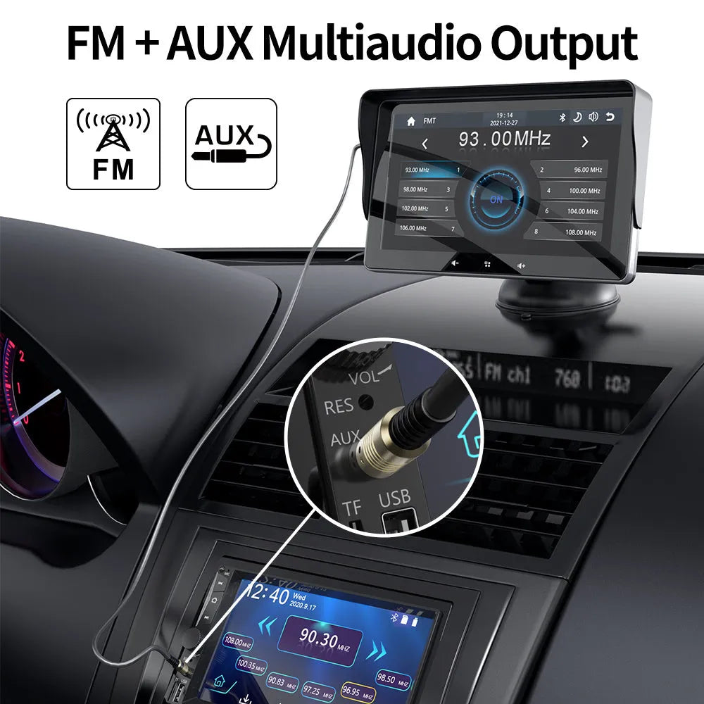 7 inch universal wireless CarPlay display with cigarette lighter power adapter and suction cup mount